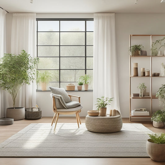 A serene, minimalist living room with a sleek, wall-mounted shelf system, woven baskets, and a geometric-patterned rug, surrounded by lush greenery and natural light pouring through large windows.