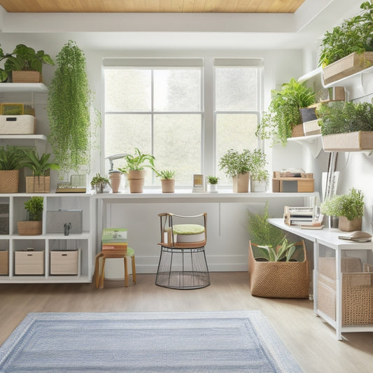 A bright, airy room with a sleek, minimalist desk, surrounded by stackable storage bins, a pegboard with hanging baskets, and a floor-to-ceiling shelving unit filled with labeled folders and decorative plants.