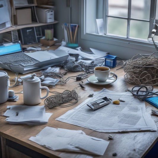 A messy home office with a cluttered desk, piles of crumpled papers, and dusty computer parts, with a few forgotten coffee cups and a lone paperclip tangled in a knot of wires.