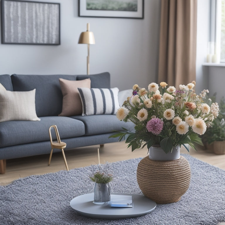A tidy, modern living room with a tablet on a coffee table, surrounded by a few, neatly arranged household items, such as a planner, a vase with fresh flowers, and a small, woven basket.