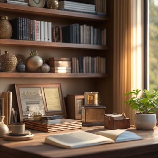 A serene, decluttered home office with a wooden desk, a neatly organized bookshelf, and a few carefully placed decorative items, illuminated by a warm, natural light.