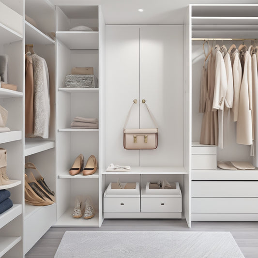 A serene, white melamine closet with sleek, minimalist shelving, drawers, and rods, adorned with a few stylish shoes, a few folded clothes, and a single, elegant handbag.
