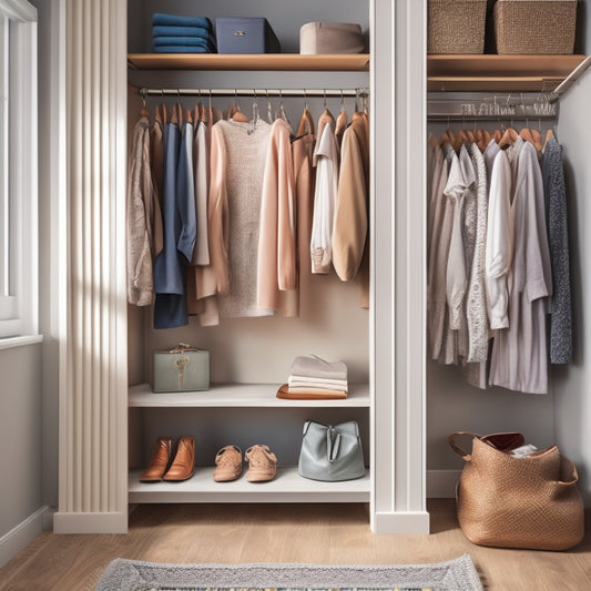 A serene, organized small closet with soft, warm lighting, featuring a floor-to-ceiling shelf with folded clothes, a double rod with hanging garments, and a few stylish shoes on a compact shelf.