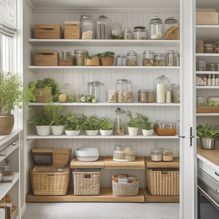 A tidy kitchen pantry with sliding drawers, baskets, and shelves, showcasing organized food items, cookbooks, and kitchen utensils, with a few decorative jars and a small potted herb plant on a upper shelf.