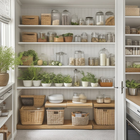 A tidy kitchen pantry with sliding drawers, baskets, and shelves, showcasing organized food items, cookbooks, and kitchen utensils, with a few decorative jars and a small potted herb plant on a upper shelf.