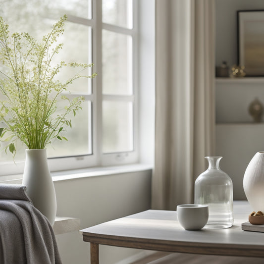 A serene, minimalist living room with a few, carefully selected decorative items on a shelf, a vase with fresh flowers on a coffee table, and a subtle, natural light pouring in through a window.