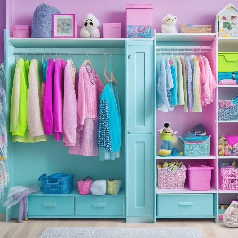 A tidy, well-lit kid's closet with pastel-colored walls, featuring a floor-to-ceiling storage unit with labeled bins, a hanging organizer with colorful clothes, and a few toys on a shelf.