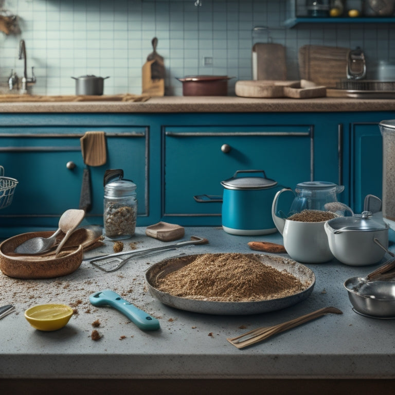 A cluttered kitchen countertop with a cracked tile, a toaster with crumbs scattered around, a pile of dirty dishes, and a few kitchen utensils strewn about, with a subtle hint of dust and grime.