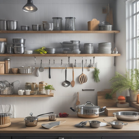 A well-organized kitchen with a chef efficiently preparing a meal, surrounded by labeled utensil holders, a tidy countertop, and a pegboard with hanging pots and pans, amidst a soft, natural light.