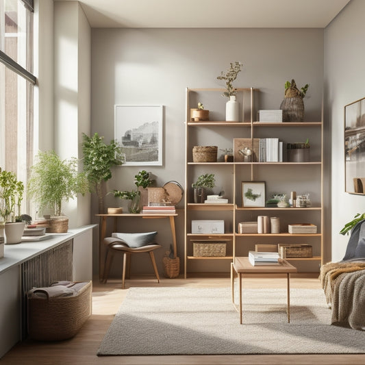 A clutter-free living room with a wall-mounted foldable desk, a storage ottoman, and a sleek shelving unit with baskets, surrounded by a minimalist decor and plenty of natural light.