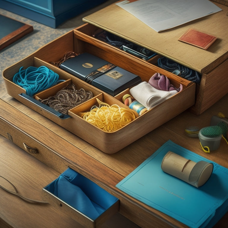 A cluttered drawer overflowing with tangled cords, crumpled papers, and disorganized items, contrasted with a sleek, organized drawer featuring custom dividers and neatly arranged belongings.