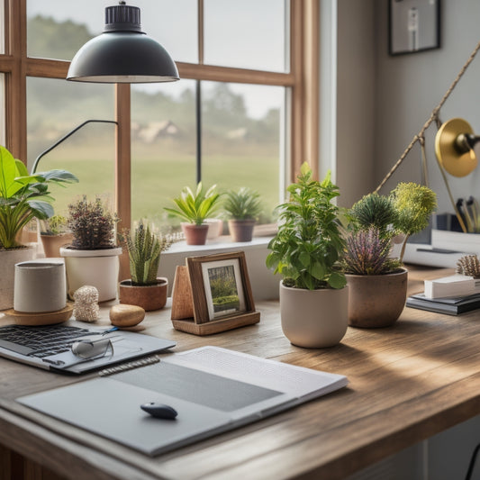 A tidy, well-organized home office desk with a laptop open to a calendar app, surrounded by a few neatly arranged tools, a miniature house model, and a small potted plant, bathed in soft, natural light.
