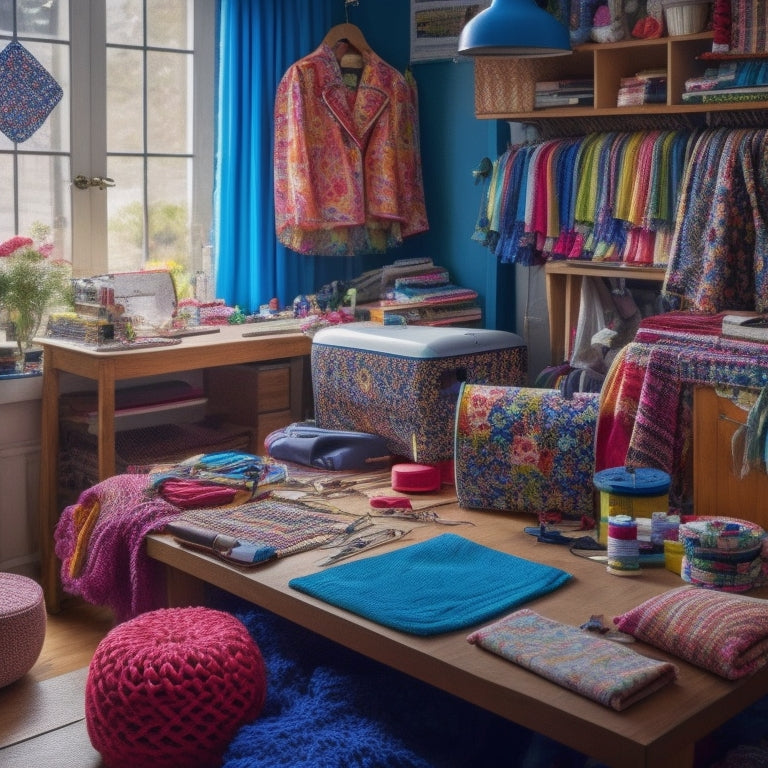 A cluttered sewing room with a mix of colorful fabrics, threads, and sewing tools, with a large, open laptop in the center, displaying a PDF pattern on its screen.