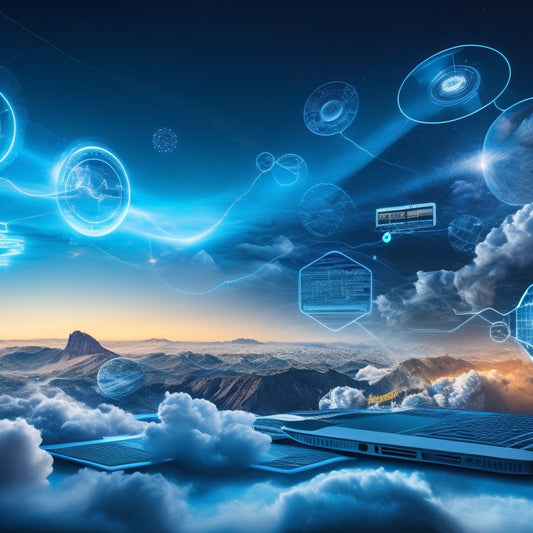 A stylized, futuristic illustration of interconnected clouds with glowing blue outlines, surrounded by orbiting devices like laptops, smartphones, and tablets, with abstract data streams flowing between them.