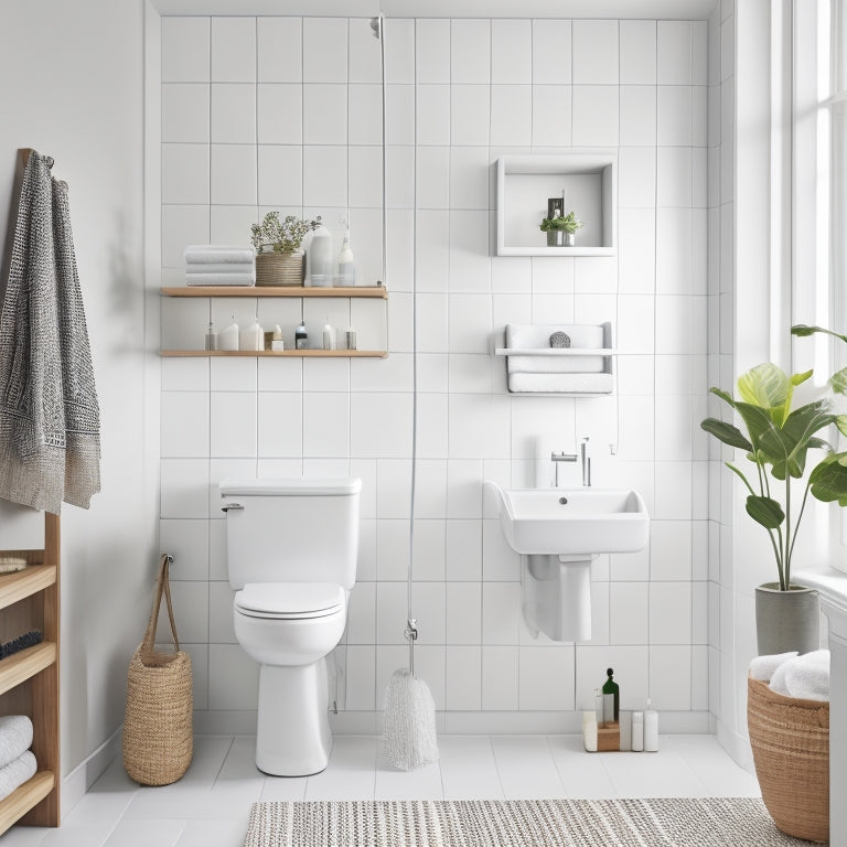 A minimalist bathroom with a wall-mounted sink, a compact toilet, and a corner shower, featuring a woven basket on a shelf, a hanging shower caddy, and a pedestal storage unit under the sink.