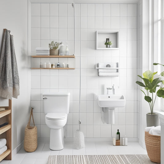 A minimalist bathroom with a wall-mounted sink, a compact toilet, and a corner shower, featuring a woven basket on a shelf, a hanging shower caddy, and a pedestal storage unit under the sink.