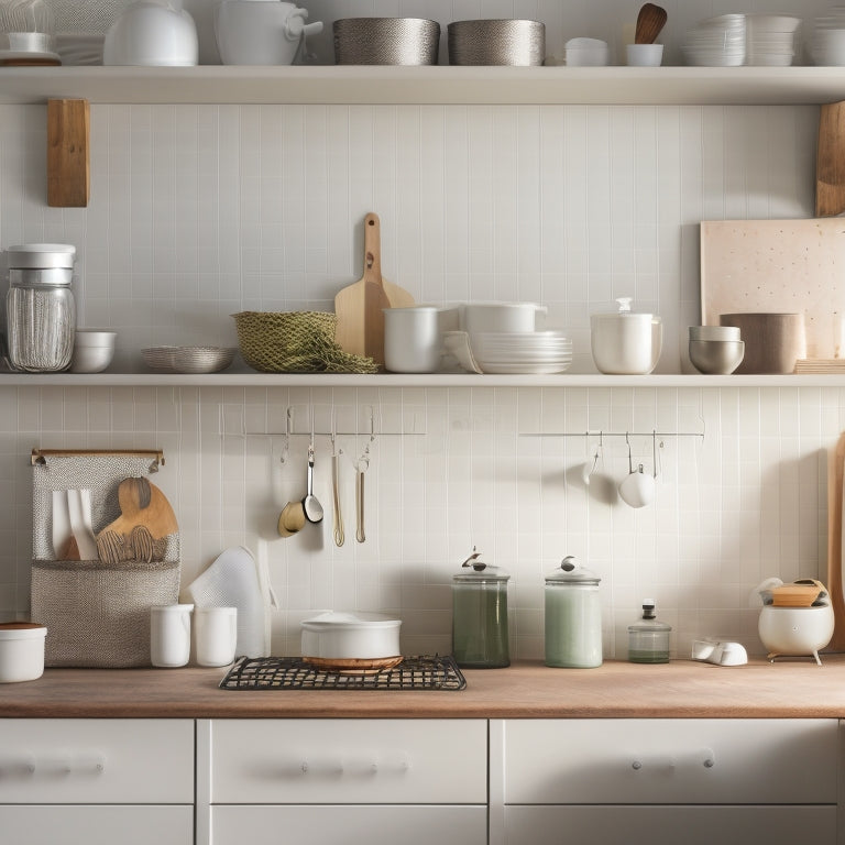 A tidy kitchen with a minimalist aesthetic, featuring a utensil organizer on the counter, a pegboard on the wall, and a set of labeled canisters on a shelf, surrounded by soft morning light.