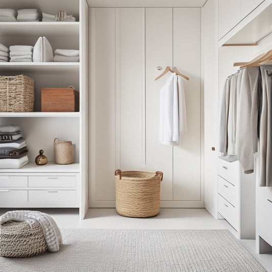 A serene, minimalist closet interior with sleek, floor-to-ceiling shelves in a light wood tone, holding neatly folded clothes, baskets, and a few decorative accessories, in a calming, soft white atmosphere.