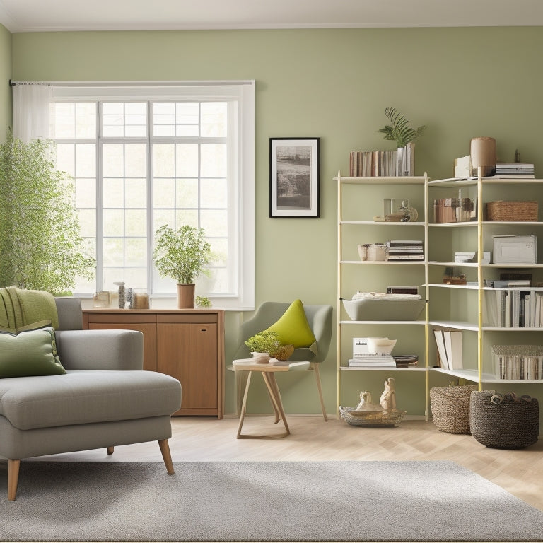 A tidy, modern living room with a wall-mounted folding table, a storage ottoman, and a floor-to-ceiling bookshelf with sliding ladder, surrounded by calming beige and green tones.