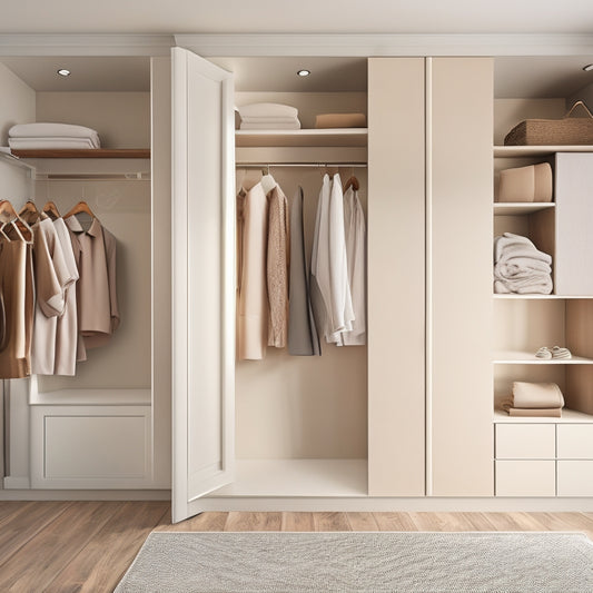 A serene, minimalist closet interior with neutral beige walls, sleek white shelves, and a rich wooden floor, featuring a few stylish outfits on velvet hangers, surrounded by empty space and soft, natural light.