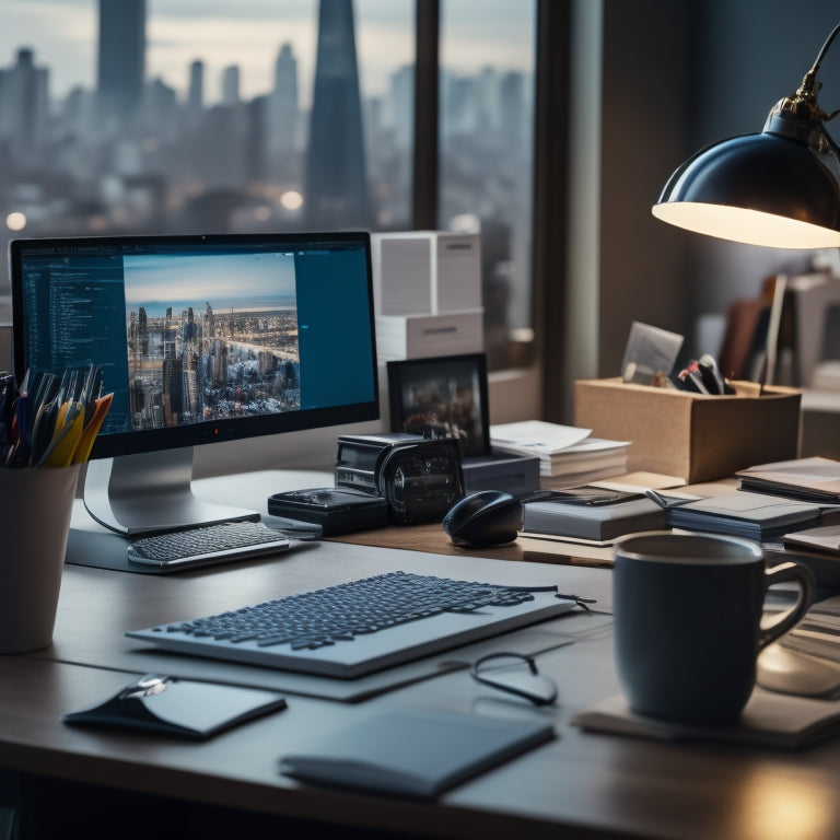 A tidy, organized desk with a small business owner in the background, surrounded by labeled file folders, a desktop computer, and a few neatly arranged office supplies, amidst a blurred cityscape.