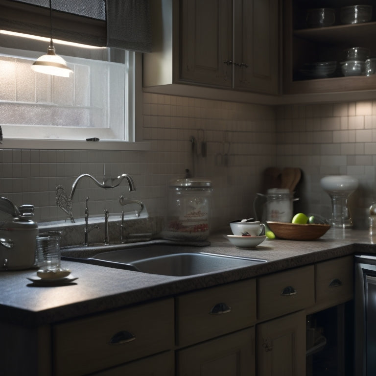 A dimly lit apartment kitchen with worn countertops, a few dirty dishes piled in the sink, and a faint hint of mold growing around the faucet, with mysterious shadows lurking in the cabinets.