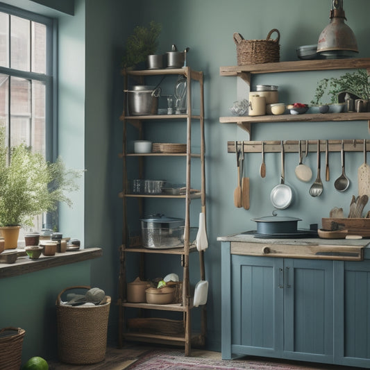 A tidy kitchen with a repurposed ladder turned island, a utensil organizer made from a wooden crate, and a DIY pot rack crafted from an old window frame.