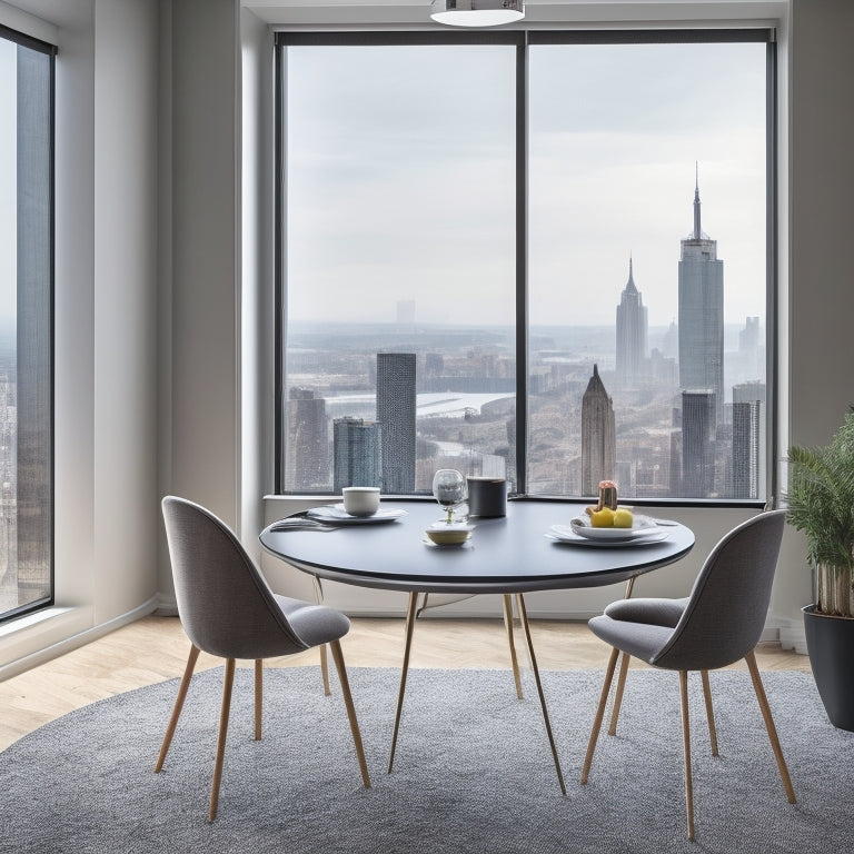 A minimalist dining area in a small apartment, featuring a compact, round table with three matching chairs, surrounded by a sleek, gray wall and a floor-to-ceiling window with cityscape views.