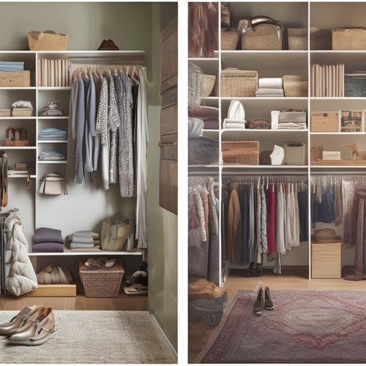 A before-and-after split-screen image: a cluttered closet with tangled clothes, shoes scattered on the floor, and dusty shelves on the left, versus a serene, organized space with sleek shelves, hanging rods, and a plush rug on the right.