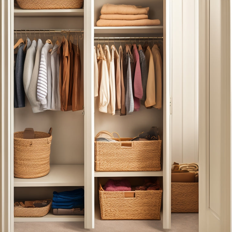 A tidy closet with a wooden door, featuring a sleek over-the-door storage rack with woven baskets, holding neatly folded clothes, shoes, and accessories, against a soft, creamy background.