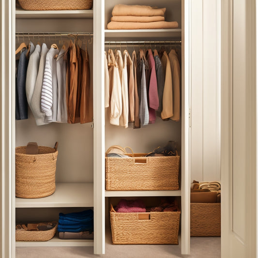 A tidy closet with a wooden door, featuring a sleek over-the-door storage rack with woven baskets, holding neatly folded clothes, shoes, and accessories, against a soft, creamy background.