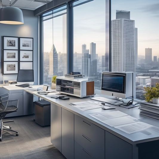 A bright, modern office space with a large, sleek printer in the center, surrounded by rolled-up blueprints and scattered engineering documents, with a subtle cityscape visible through the window.