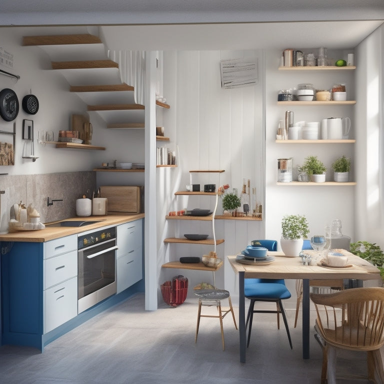 A compact, modern kitchen with a wall-mounted foldable table, a compact refrigerator, and a spiral staircase leading up to a loft with a few cookbooks and utensils on display.