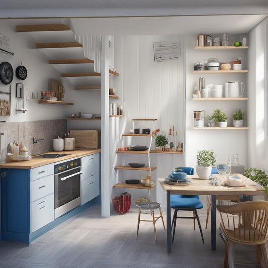 A compact, modern kitchen with a wall-mounted foldable table, a compact refrigerator, and a spiral staircase leading up to a loft with a few cookbooks and utensils on display.