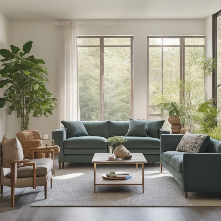 A serene, clutter-free living room with a minimalist sectional sofa, a few curated decorative items, and a floor-to-ceiling storage unit with sliding doors, surrounded by lush green plants.