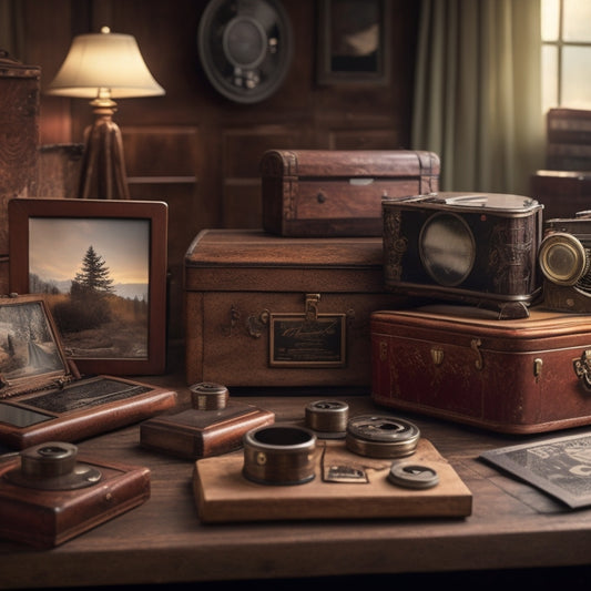 A warm, nostalgic background with old family photographs, VHS tapes, and film reels scattered around a vintage wooden box, surrounded by modern devices like laptops, tablets, and smartphones.