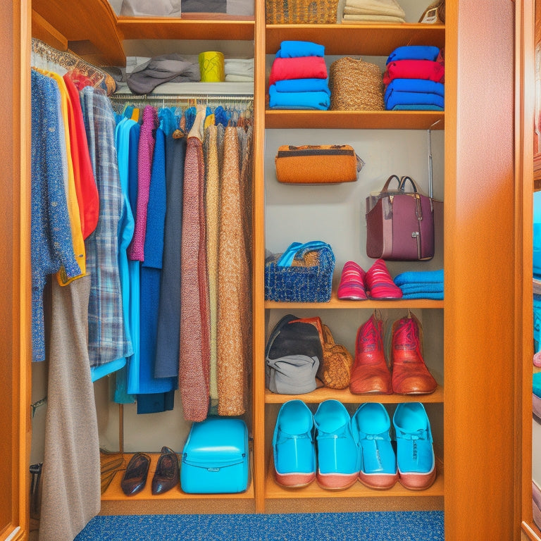 A cluttered RV closet with clothes scattered on the floor, tangled hangers, and a jumbled mess of shoes, bags, and accessories, contrasted with a sleek, organized custom storage solution in the background.