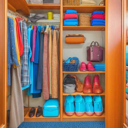 A cluttered RV closet with clothes scattered on the floor, tangled hangers, and a jumbled mess of shoes, bags, and accessories, contrasted with a sleek, organized custom storage solution in the background.