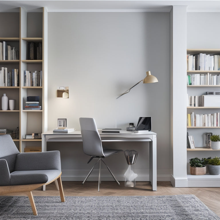A minimalist, well-lit home office with a compact corner desk, ergonomic chair, and wall-mounted shelves holding a few select books and a sleek, silver laptop.