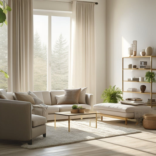 A serene, minimalist living room with a few, carefully placed decorative items, a tidy bookshelf, and a calm color palette, illuminated by soft, natural light pouring in through large windows.