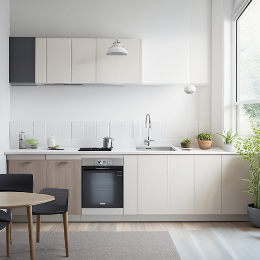 A minimalist kitchen in a studio apartment with a compact L-shaped countertop, sink, and stove, paired with a sleek, wall-mounted fold-down table and a space-saving, retractable drying rack.