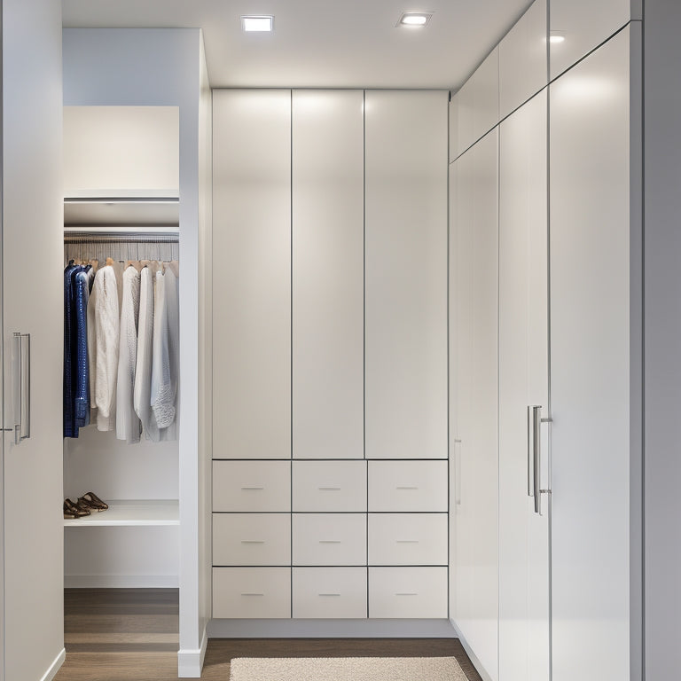 A modern, bright walk-in closet with floor-to-ceiling, high-gloss white cabinets, soft-close drawers, and adjustable shelves, illuminated by recessed lighting, with a minimalist, sleek aesthetic.