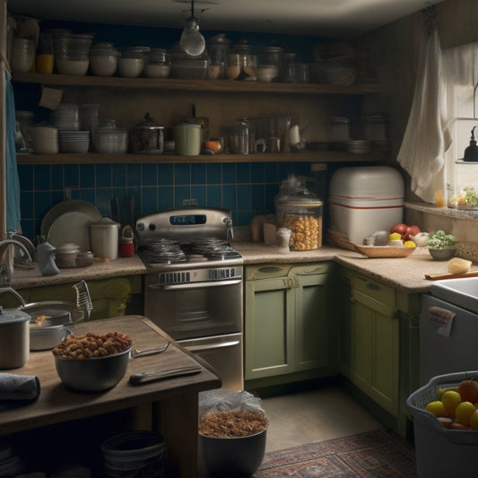 A dimly lit kitchen with worn, cream-colored cabinets, overflowing with mismatched containers, expired food packets, and tangled kitchen utensils, amidst a backdrop of cluttered countertops and a messy sink.