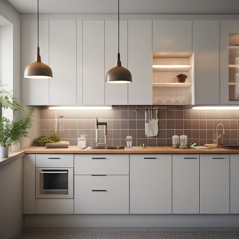 A compact kitchen with a wall-mounted fold-down table, a retractable faucet, and a vertical spice rack, surrounded by sleek white cabinets and a minimalist backsplash, illuminated by a pendant light.