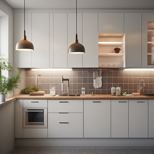 A compact kitchen with a wall-mounted fold-down table, a retractable faucet, and a vertical spice rack, surrounded by sleek white cabinets and a minimalist backsplash, illuminated by a pendant light.