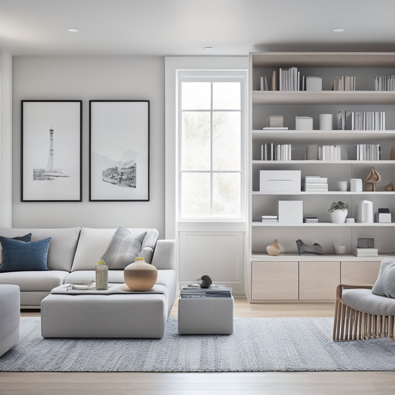 A serene, minimalist living room with a few, carefully-placed Core Plus Kit boxes and a few, neatly-organized items on a shelf, surrounded by plenty of empty space.