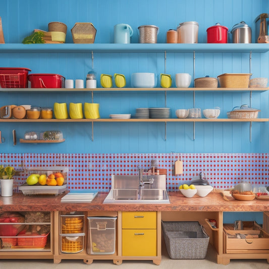 A tidy kitchen with a stainless steel countertop, wooden cabinets, and a pegboard with organized utensils, pots, and pans, featuring a mix of colorful storage bins, shelves, and baskets.