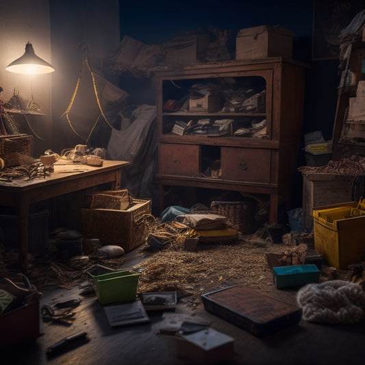 A chaotic, dimly lit room with piles of dusty boxes, tangled cords, and forgotten trinkets, with a faint image of a bird trying to break free from the cluttered space in the background.