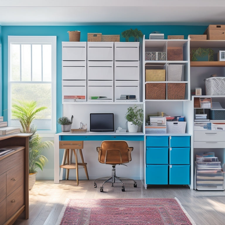 A clean and organized home office with a desk, shelves, and cabinets, featuring colorful labels and tabs on storage bins, folders, and files, surrounded by minimal clutter and plenty of natural light.