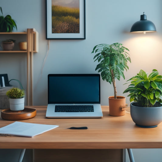 A serene, minimalist desk with a single laptop, a small potted plant, and a few carefully arranged papers, surrounded by a blurred, cluttered background of cords, devices, and forgotten files.